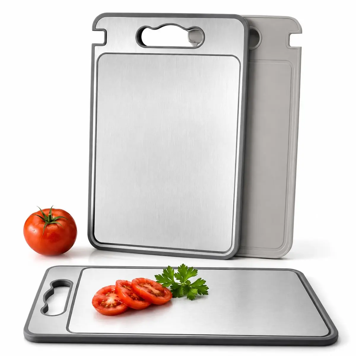 Tábua de Corte Dupla Face Inox 304 e PP Antibacteriana para Carnes Legumes Frutas com Base Antiderrapante