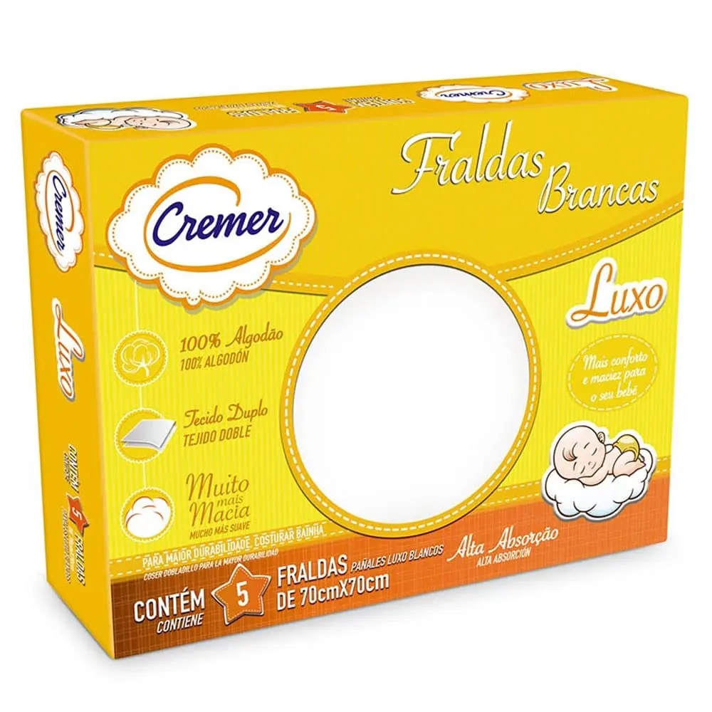 Cremer Fralda Luxo Branca 70 X 70 Cm Pc Com 5 Unidades (Embalagem Pode Variar) - 1