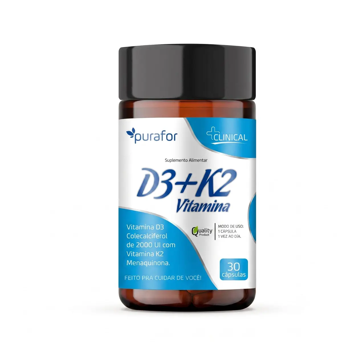D3+K2 Vitamina 2000UI Colecalciferol MK7 30 Cápsulas Purafor | Vitamina D3 + K2 - 1