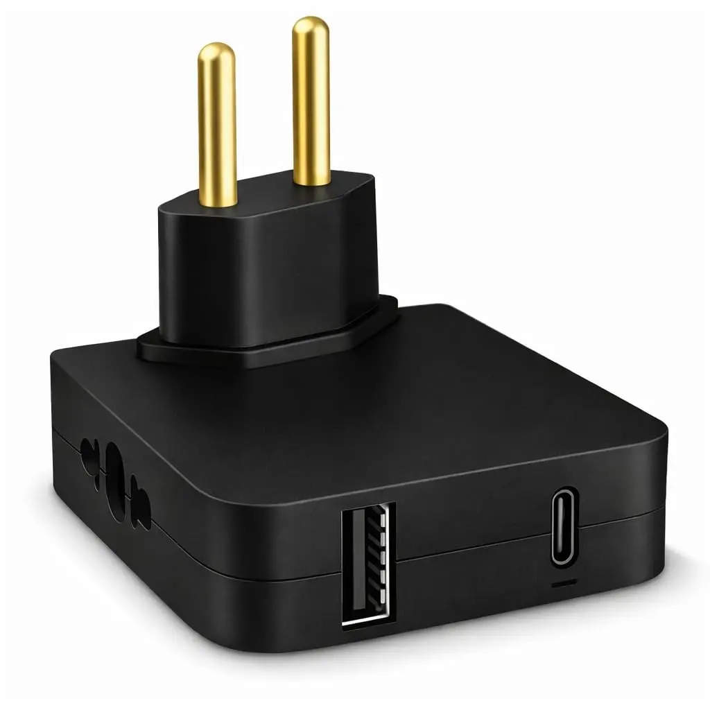 Adaptador de Tomada Articulado com USB e USB-C – Bivolt 110V/220V – 2 Entradas Padrão + Porta Tipo C – Hub de Energia Compacto para Casa e Escritório (Preto) - 1