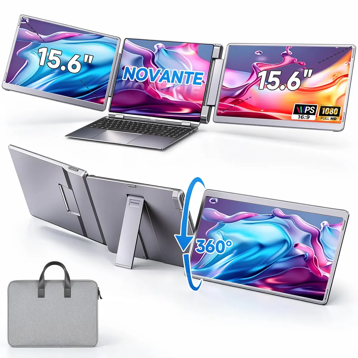 NOVANTE Monitor Portátil com Duas Telas 15,6", Painel IPS FHD 1080p a 60Hz, Tela Giratória 360°com USB-C e HDMI, Extensor de Tela para Notebook Compatível com Notebook, MacBook, Windows, macOS, Preto