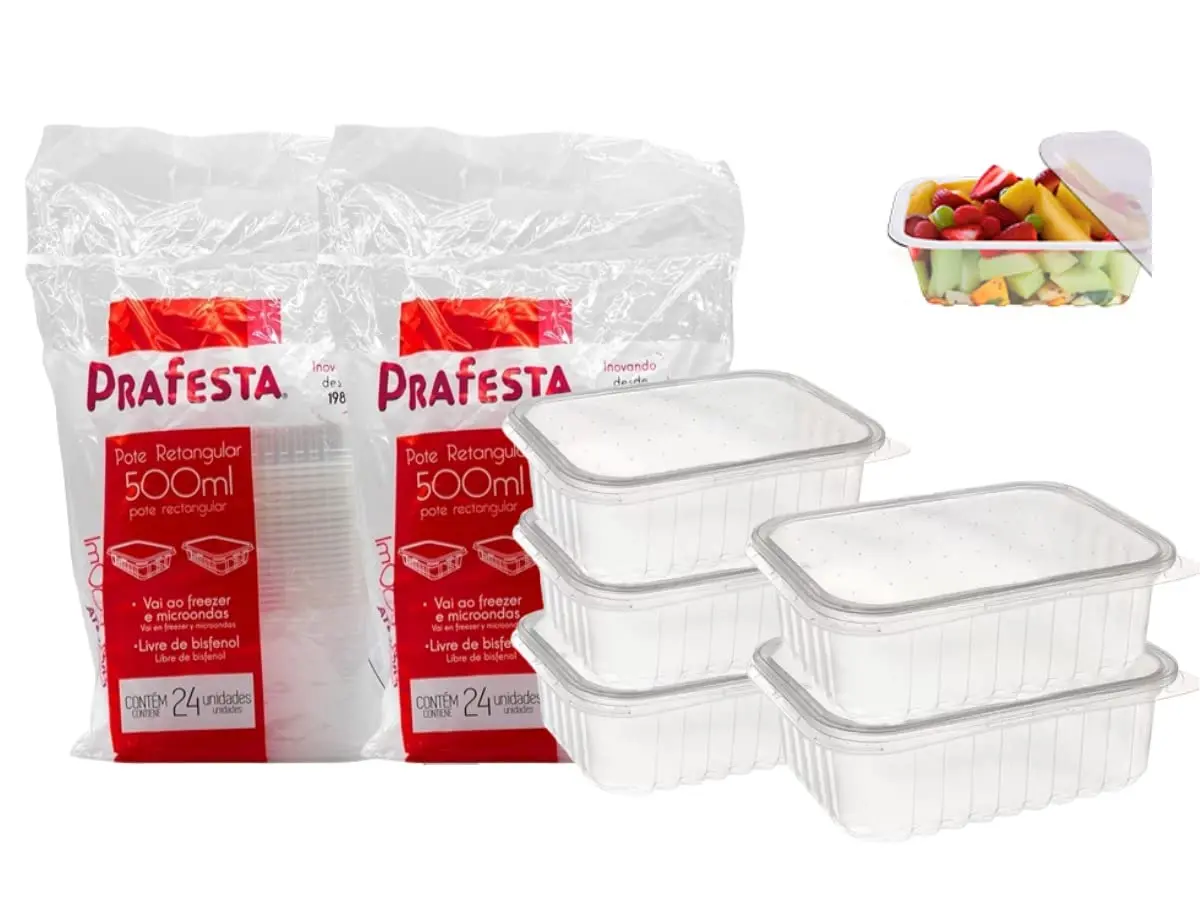 Kit Com 2 Potes Descartáveis, Prafesta 500 ml Retangular Com Tampa, Pacote 48 Unidades