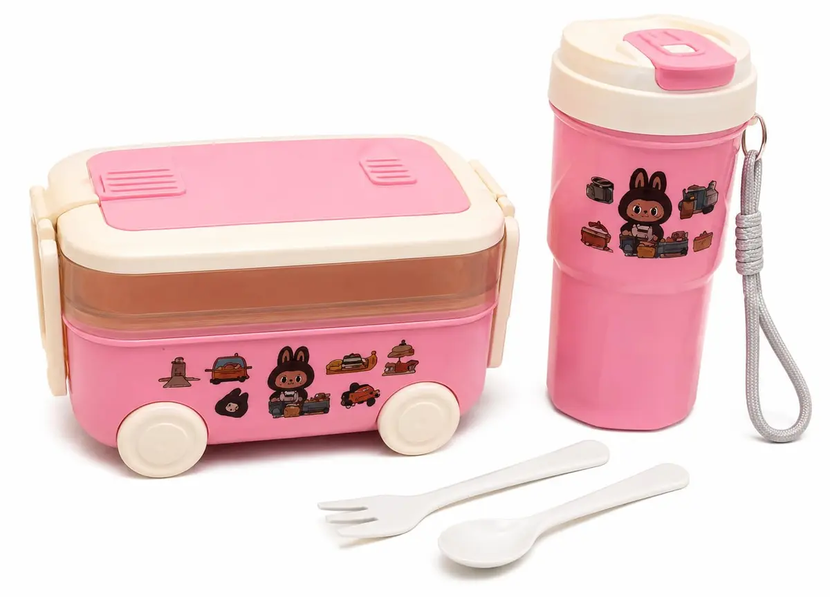 Kit Lancheira Formato de Ônibus com Copo e 2 Talheres, 2 Compartimentos para Alimentos e Lanches, Marmita com Divisórias, Kit para Escola, Passeios e Viagens (ROSA)