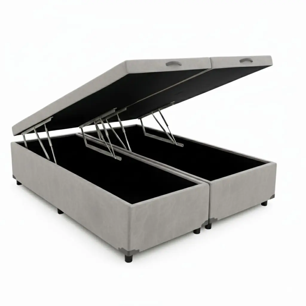 Cama Queen Base Box Baú Bi-partida Corino 79 Cinza Blindada E Resistente