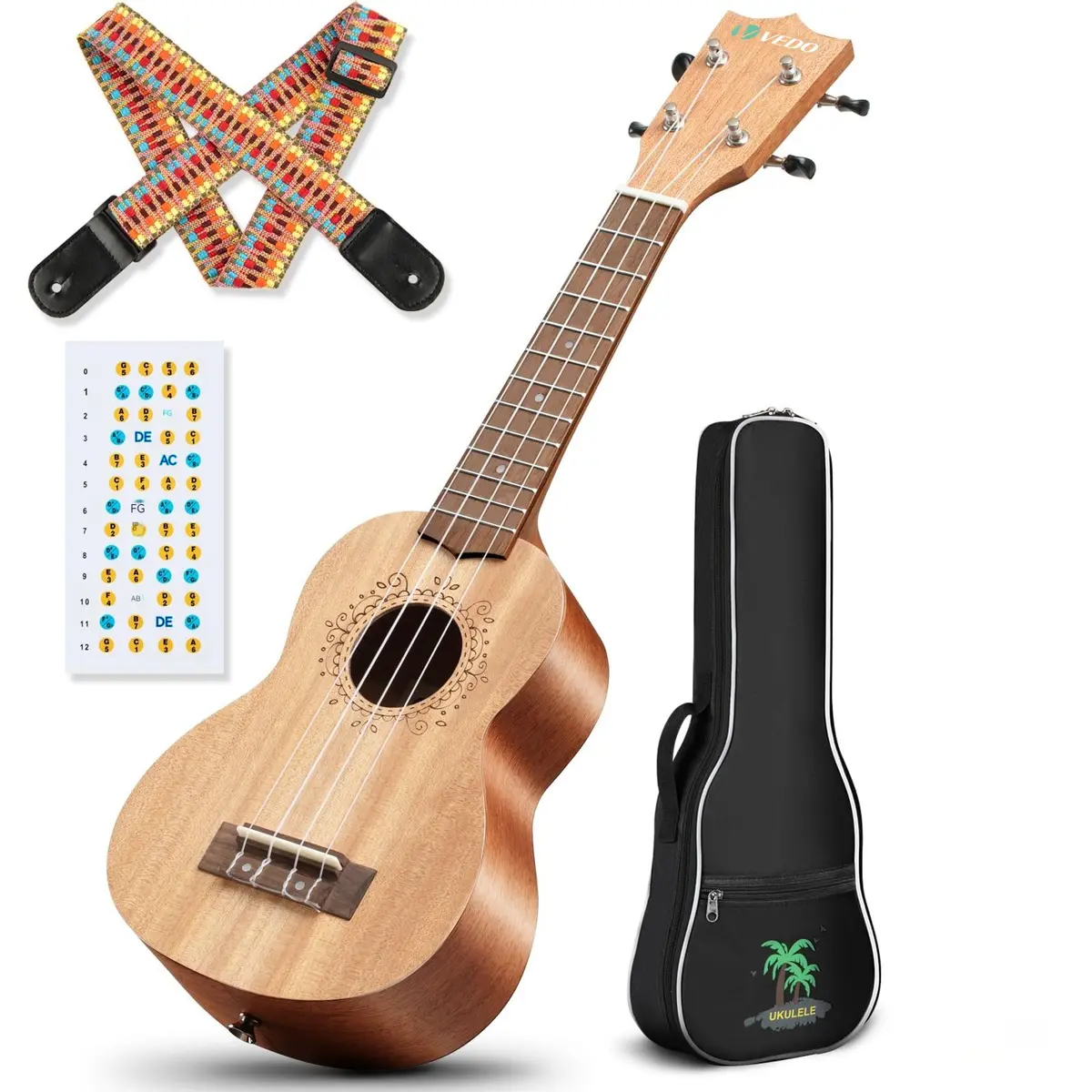VEDO Ukulele Soprano 21" Mogno Natural – Kit Iniciante com Design de Fundo Arqueado, Saco de Transporte, Alça Arco-Íris e Adesivos de Escala – Perfeito para Crianças e Adultos