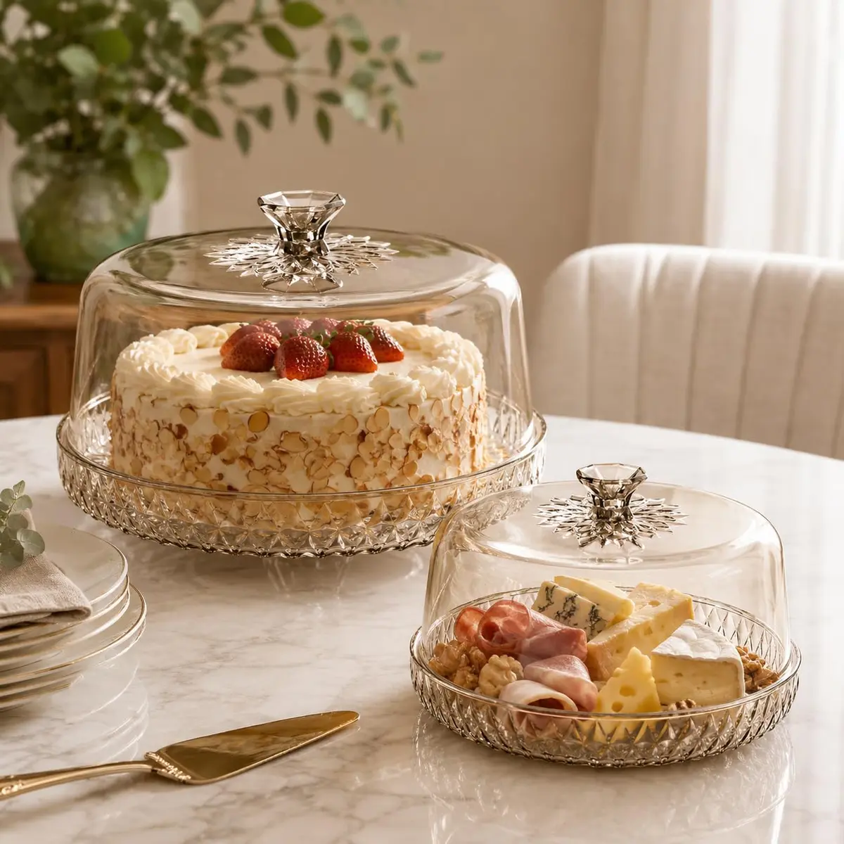 Kit Mesa 2 Peças Boleira e Queijeira em Acrílico Cristal Transparente com Tampa Sem Pé para Bolos, Tortas, Queijos e Frios (Citrino)