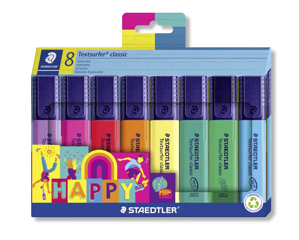 STAEDTLER, Textsurfer clássico Happy colours, longa duração de marcação, secagem em segundos, ponta de 1-5 mm, 8 marcadores em caixa de cartão, 364 C8 HÁ, Modelo: 364 C8 HA, Cor: Multicolorido