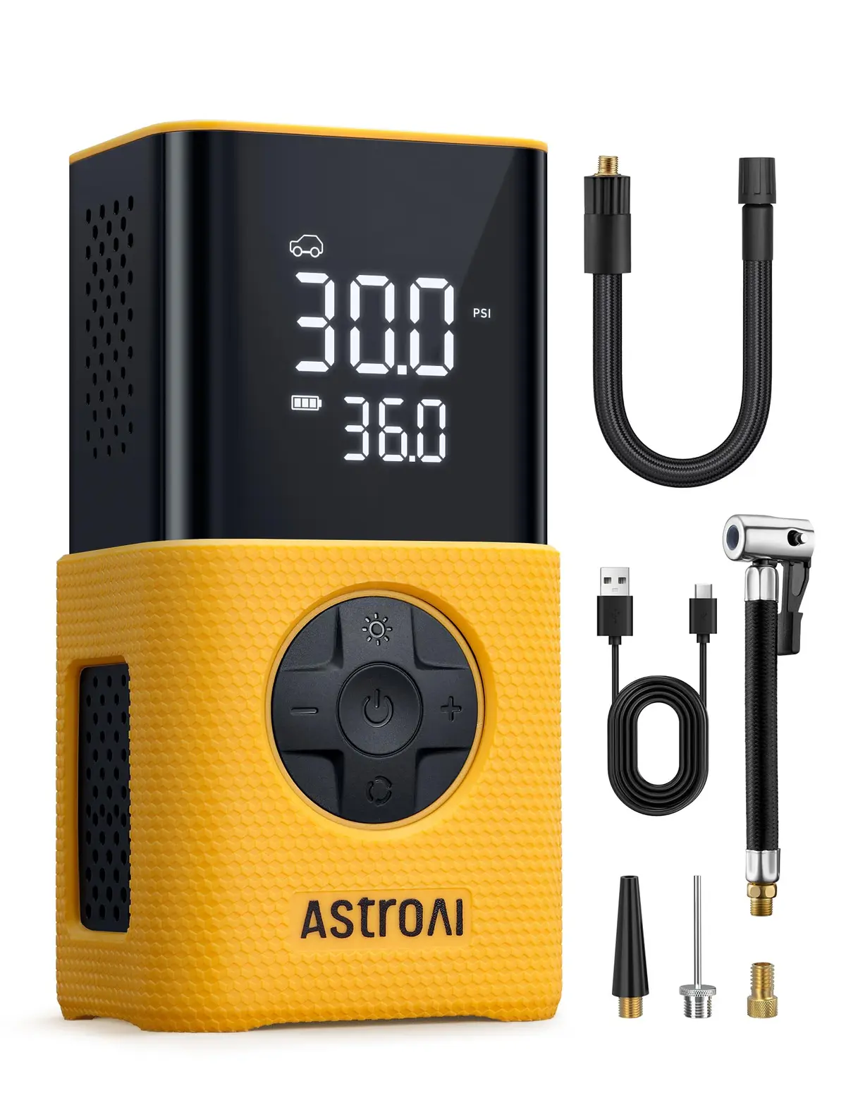 AstroAI Compressor de Ar Portátil Calibrador de Pneus Portatil L7S | Bomba de Ar 150 PSI com Bateria 4000mAh, Digital para Carro, Moto e Bicicleta, com Luz LED, Desligamento Automático e USB