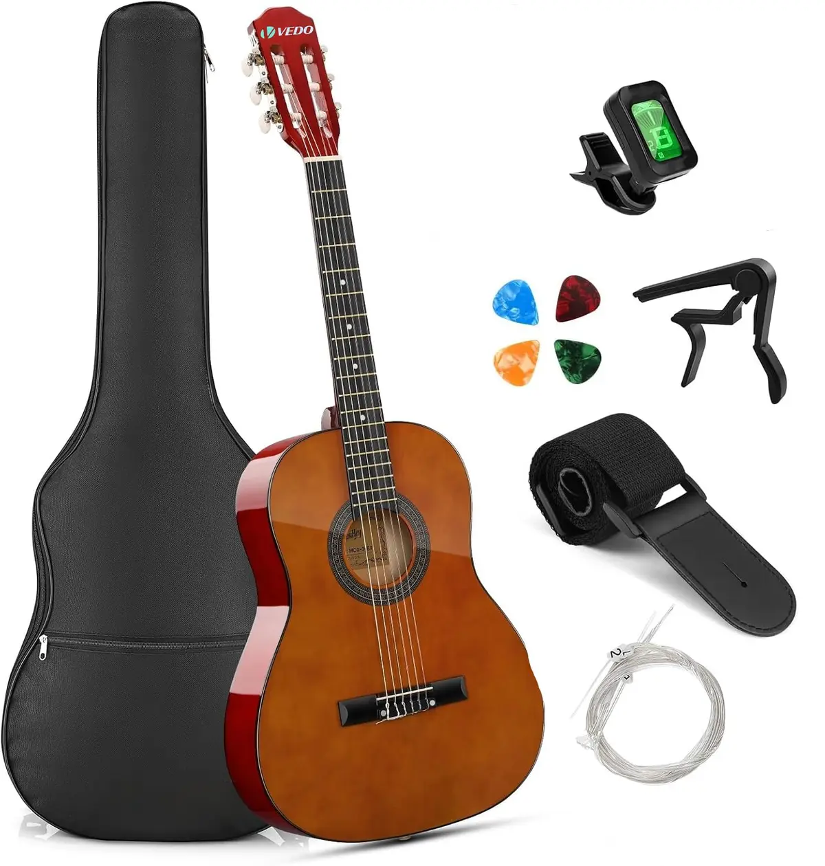 VEDO Violão Acústico 36 Polegadas Tamanho 3/4 Cordas de Nylon | Kit Completo Iniciantes, Capa Acolchoada 3mm, Corpo em Basswood, Crianças e Adolescentes, Inclui Afinador