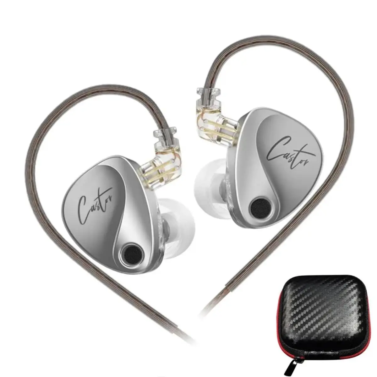 Fone de ouvido Castor - Tuning ajustável, driver duplo, HiFi intra-auricular, monitor, com cancelamento de ruído, com cabo removível (Prata com case) - 1