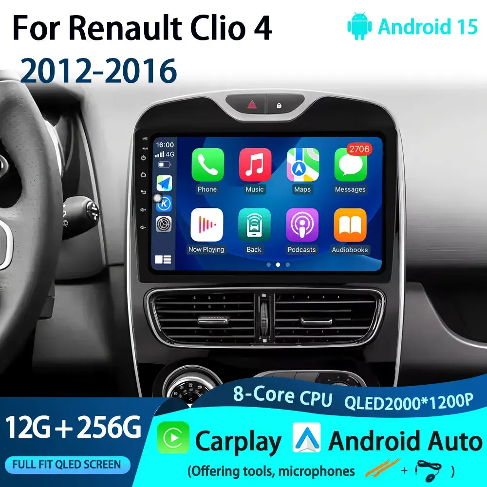 Para Renault Clio 4 2012-2016, Rádio de Carro com Carplay, Reprodutor de Vídeo Multimídia Android 15, Navegação GPS Auto WIFI, Estéreo DSP BT - 1