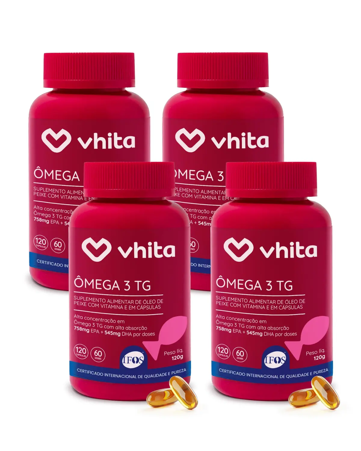 Ômega 3 1000mg TG EPA DHA com Selo IFOS e Vitamina E 120 cáps - 4 unidades | 480 Cápsulas, 240 Porções, Óleo de Peixe.