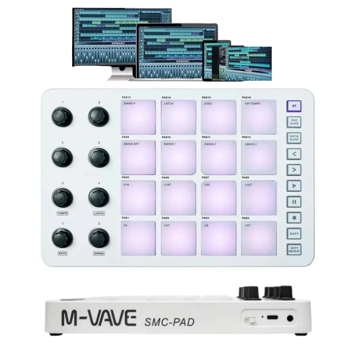 M-VAVE Controlador MIDI, SMC-PAD com 16 teclados MIDI retroiluminados RGB, Multifuncional mini pads, USB C recarregável sem fio, suporta a maioria das conexões de PC e telefone celular