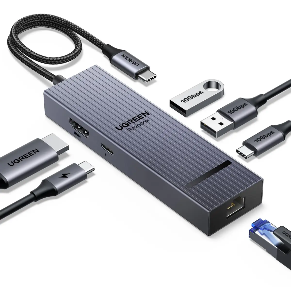 Hub USB C UGREEN Revodok Pro 6 em 1, Adaptador Ethernet Gigabit, HDMI 4K 60Hz, PD 100W, Portas USB 3.2, para Mac, iPad, iPhone