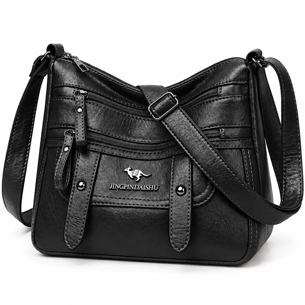 CRAZY BAG Bolsa Feminina Transversal em PU, de Ombro, Casual com Bolsos | Toque macio, múltiplos zíperes, alça ajustável, detalhes metálicos, estilo vintage, ideal para passeios e compras - 1