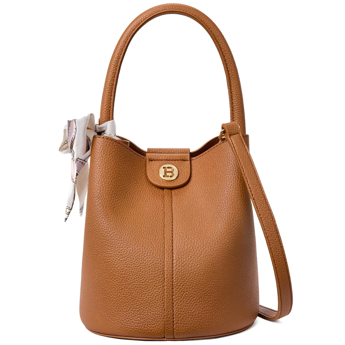BOSTANTEN Bolsa de Ombro Feminina em Couro PU Vegano, Bolsa Balde Pequena com Alça Removível e Lenço, para Trabalho, Festa e Uso Casual