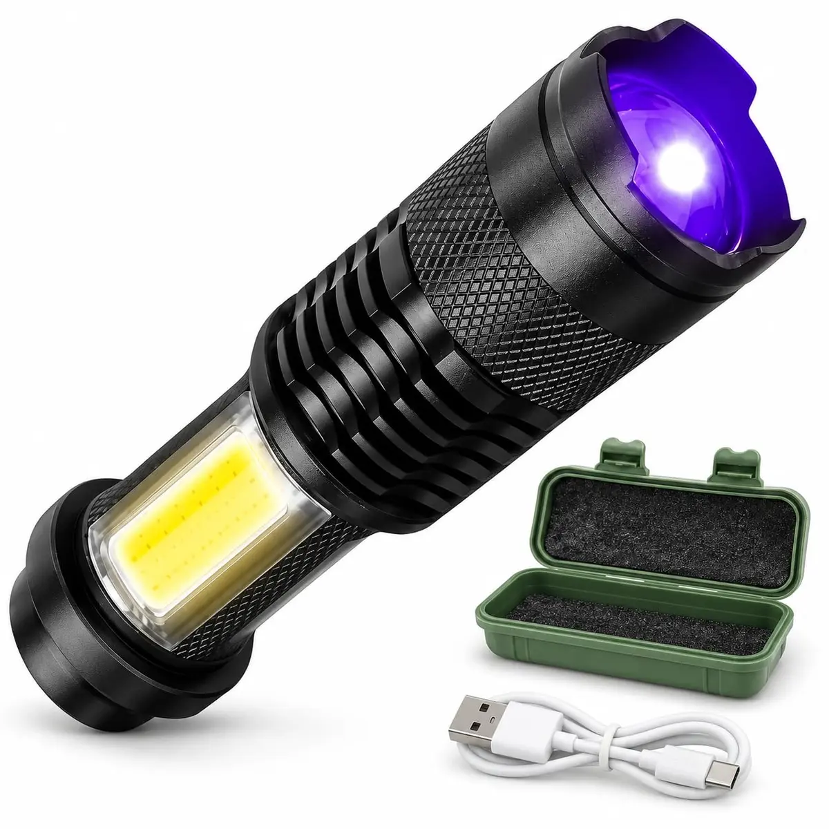 Lanterna UV Luz Negra Recarregável com LED Lateral para Escorpiões e Pets | Ideal para caça a escorpiões, detecção de manchas e pets. Recarregável USB, zoom ajustável e super potente. - 1