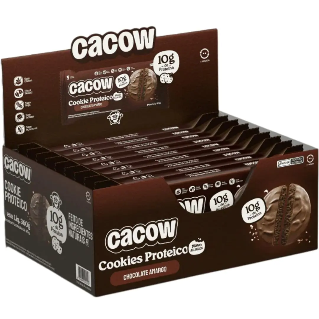 Cookies Proteicos CACOW 40g – Caixa com 9 Unidades (360g) | 10g de Proteína por Cookie | Vegano, Sem Glúten, Sem Açúcar e Sem Lactose | Lanche Saudável Pré e Pós-Treino (All Black Chocolate Amargo)