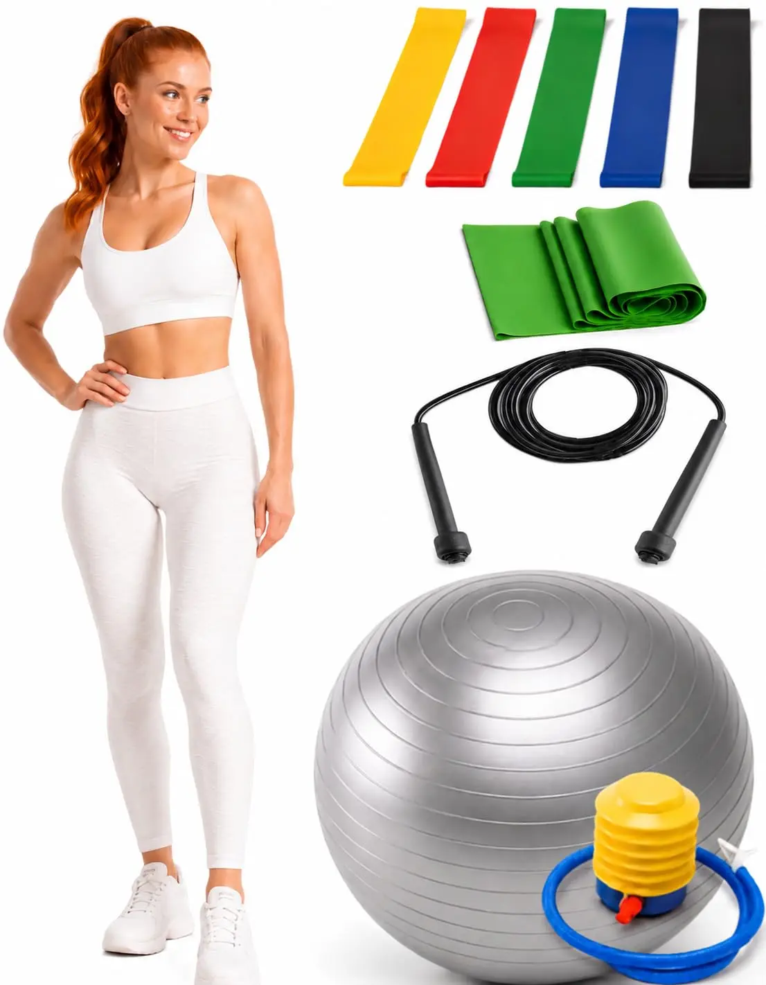 Bola de Pilates Suiça 65cm com bomba Yoga Ginastica + 6 Elasticos + Corda de Pular