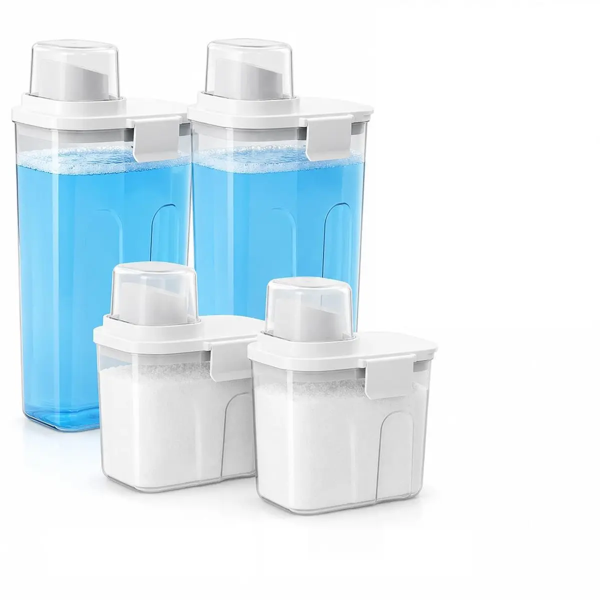 Kit Organizador de Lavanderia com 4 Dispenser Hermético BPA Free para Sabão Líquido, Sabão em Pó, Amaciante, Detergente e Produtos de Limpeza – Alta Capacidade 1,6L e 2,4L - Branco