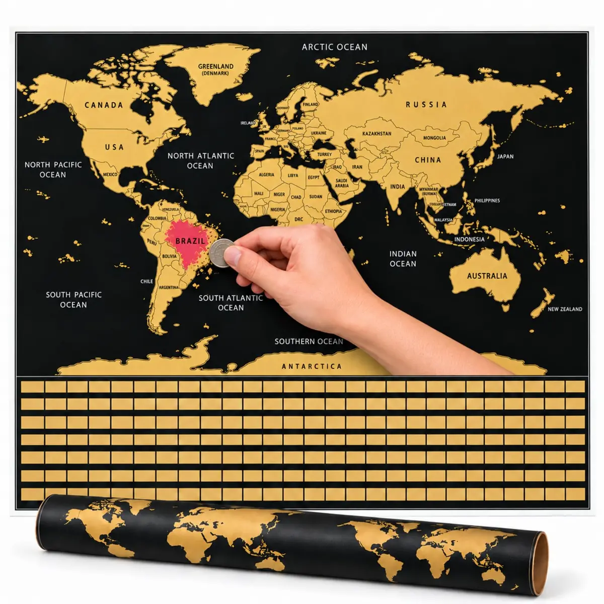 Mapa Mundi para Raspar I Decorativo de Viagem I 83,5x60cm I Three Brothers | Mapa raspável 83,5 x 60 cm, preto e dourado, ideal para registrar viagens e decorar ambientes com estilo. - 1
