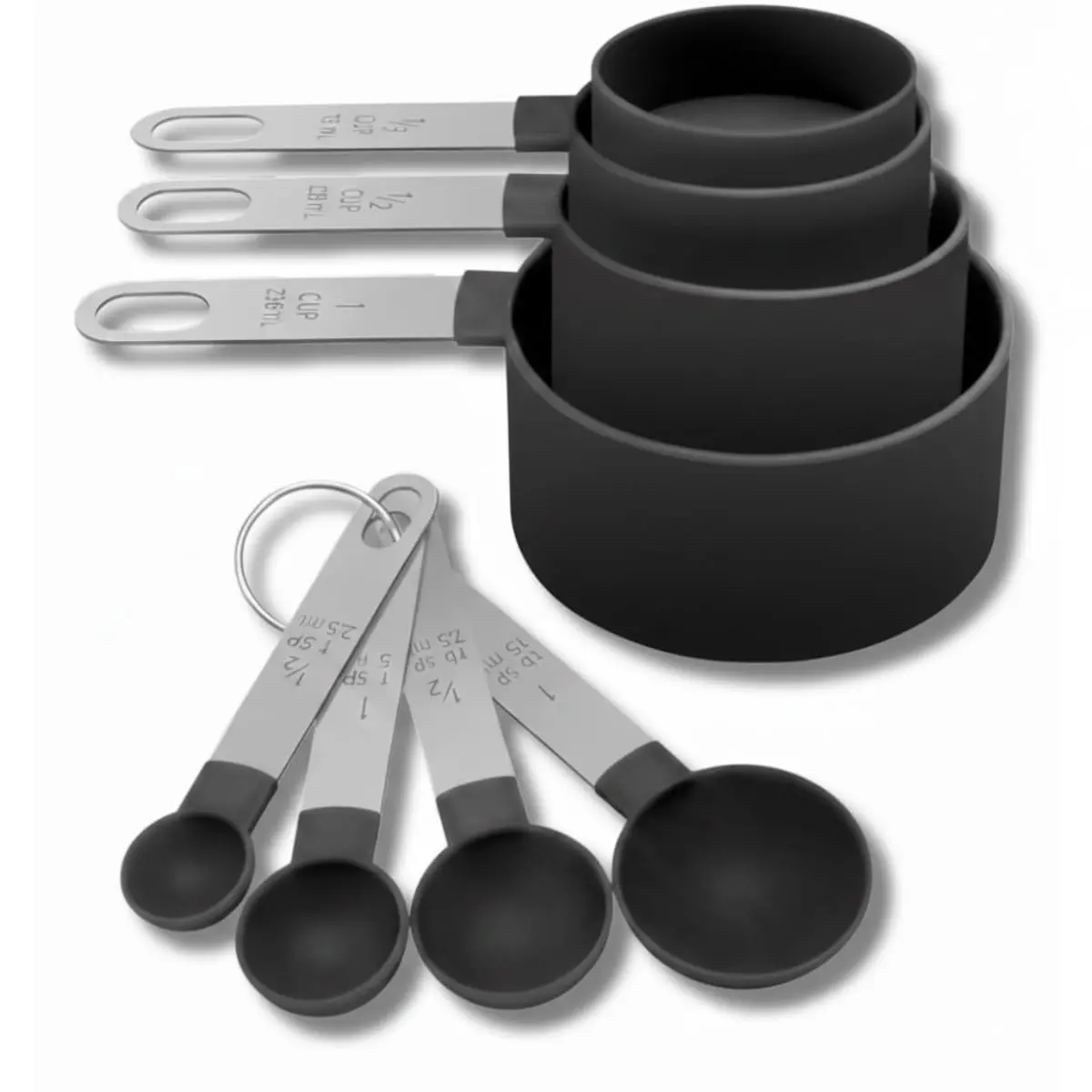 Kit de Medidores para Cozinha, 8 Peças, Colheres e Copos Dosadores, Aço Inox e Plástico (PRETA) - 1