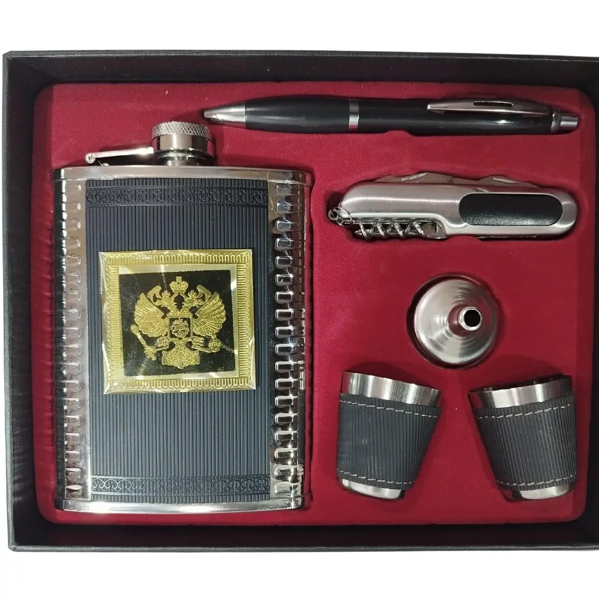 Kit Cantil de Bolso Inox Porta Bebida Whisky Vodca 8oz 236ml Com Dois Copos Mini Funil Caneta Canivete Saca Rolha