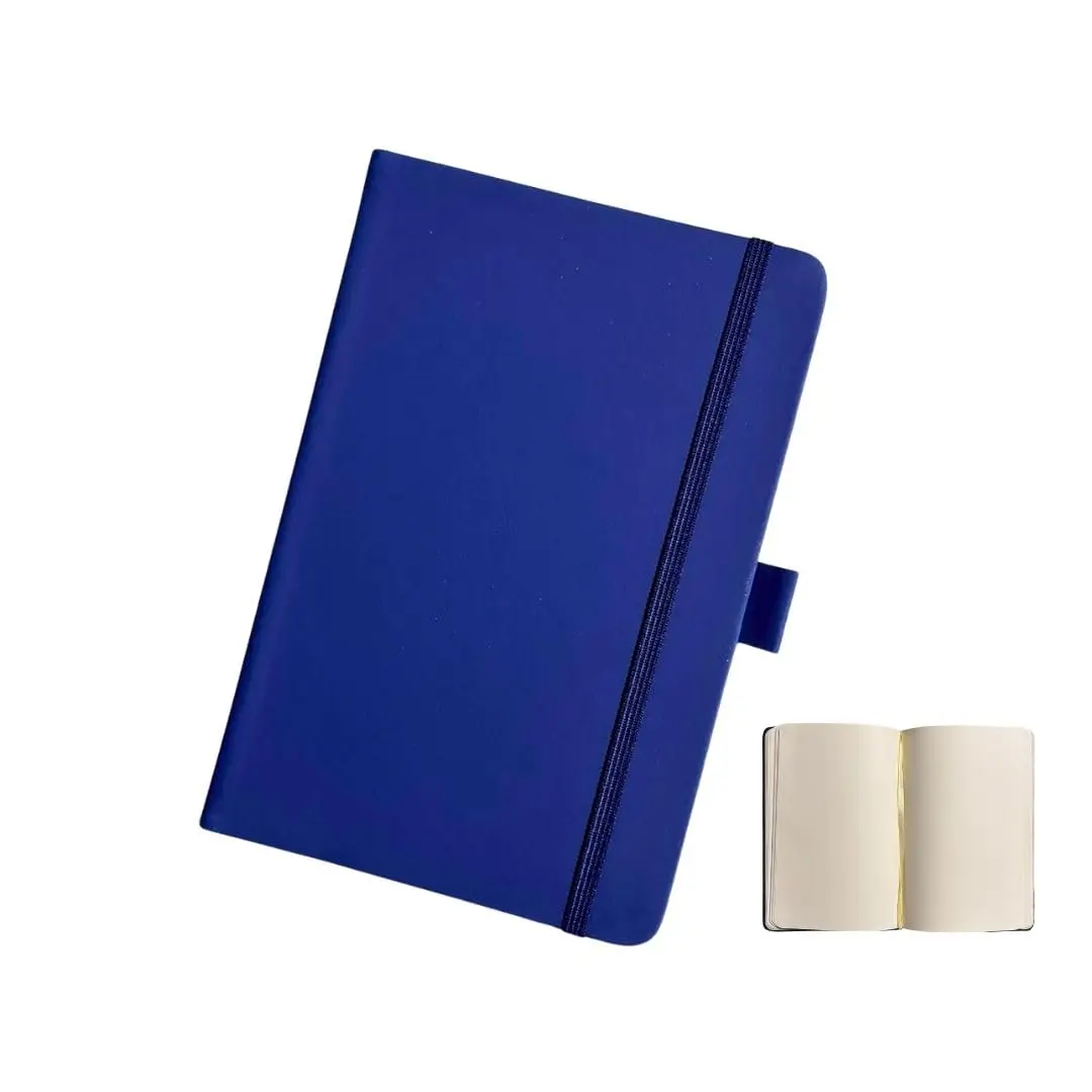 Caderno Tipo Moleskine 14x21cm Azul Sem Pauta Com Suporte Para Caneta, Capa Dura em Couro Sintético, 160 Páginas, Para Escritório e Anotações