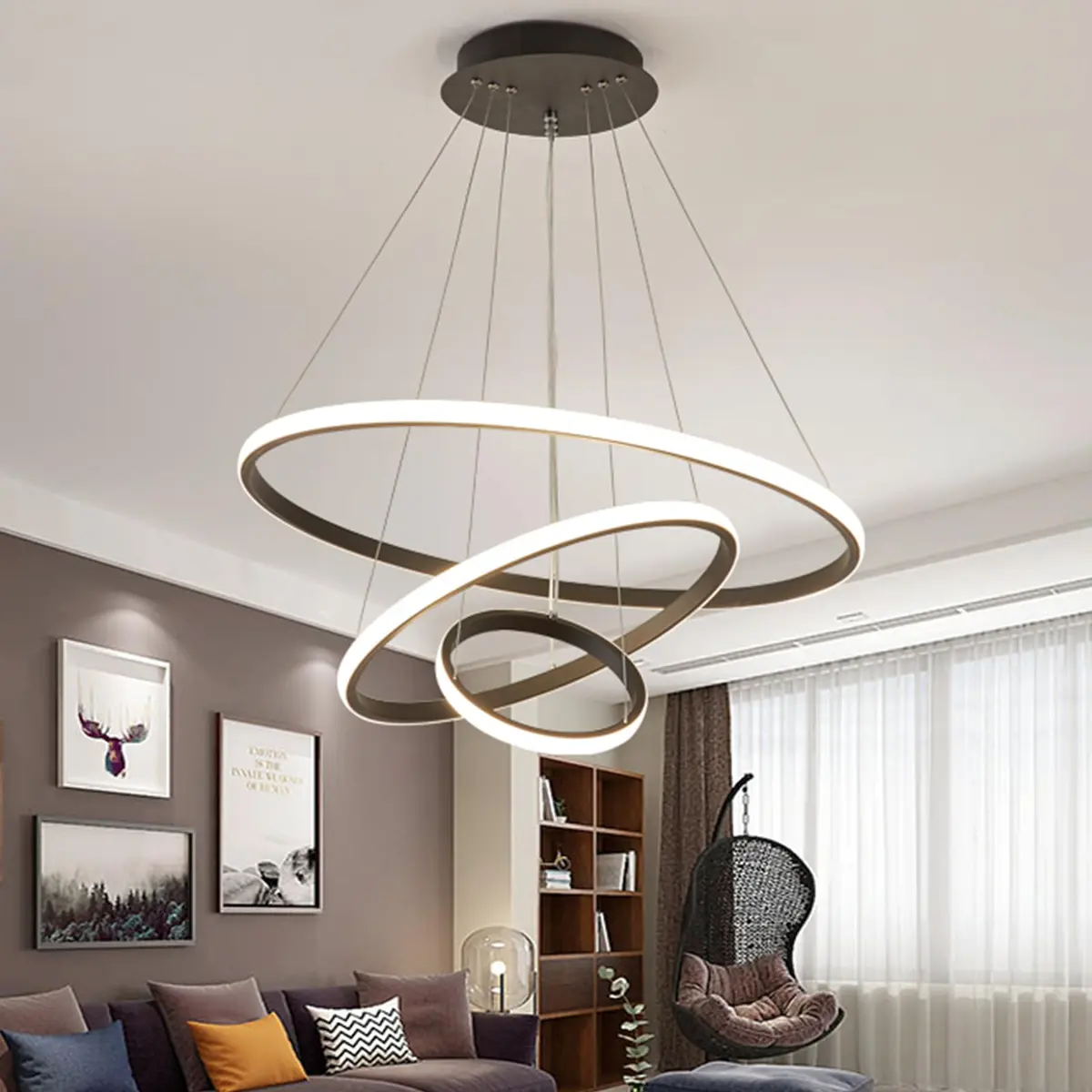 Luminária Pendente LED Moderna 3 Anéis 72W, Redonda Embutida, Regulável, 3 Cores de Luz (3000K/4000K/6000K), Altura Ajustável, Design Luxuoso para Sala, Quarto ou Escritório (Preto)