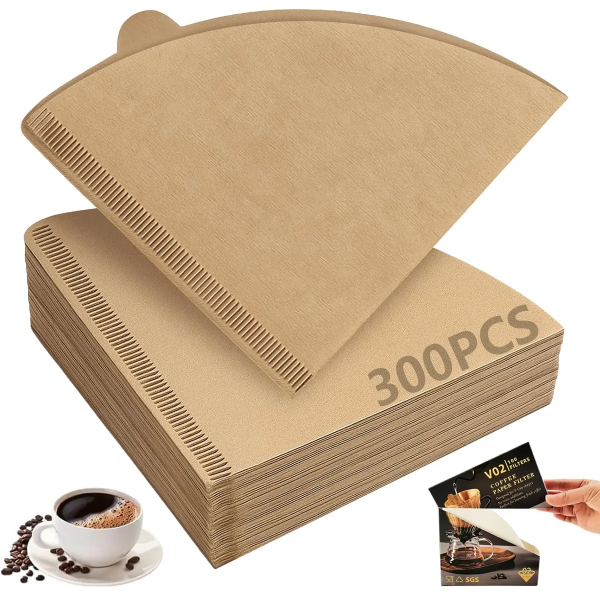 Filtro de Papel para Coador de Café V60, Tamanho 02, Filtro para V60 02, Filtro Cafe 2-4 Xícaras para Cafeteira de Coar e Gotejamento (300, Natural)