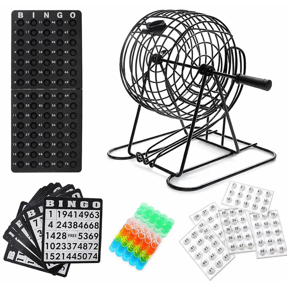 Jogo De Bingo Completo 75 Bolas Globo Giratório Metal Com 18 Cartelas Reutilizáveis E Marcadores
