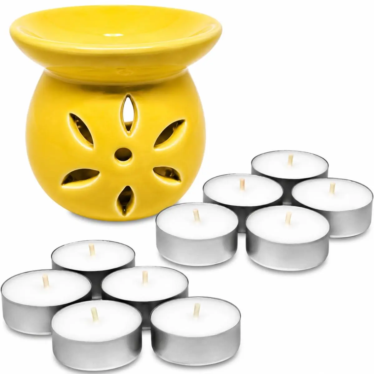 Difusor Rechaud de Cerâmica para Essências com 10 Velas, AMARELO | Inclui Velas de Chá, Design Floral Recortado, Aromaterapia, Cerâmica Esmaltada, Uso Doméstico - 1
