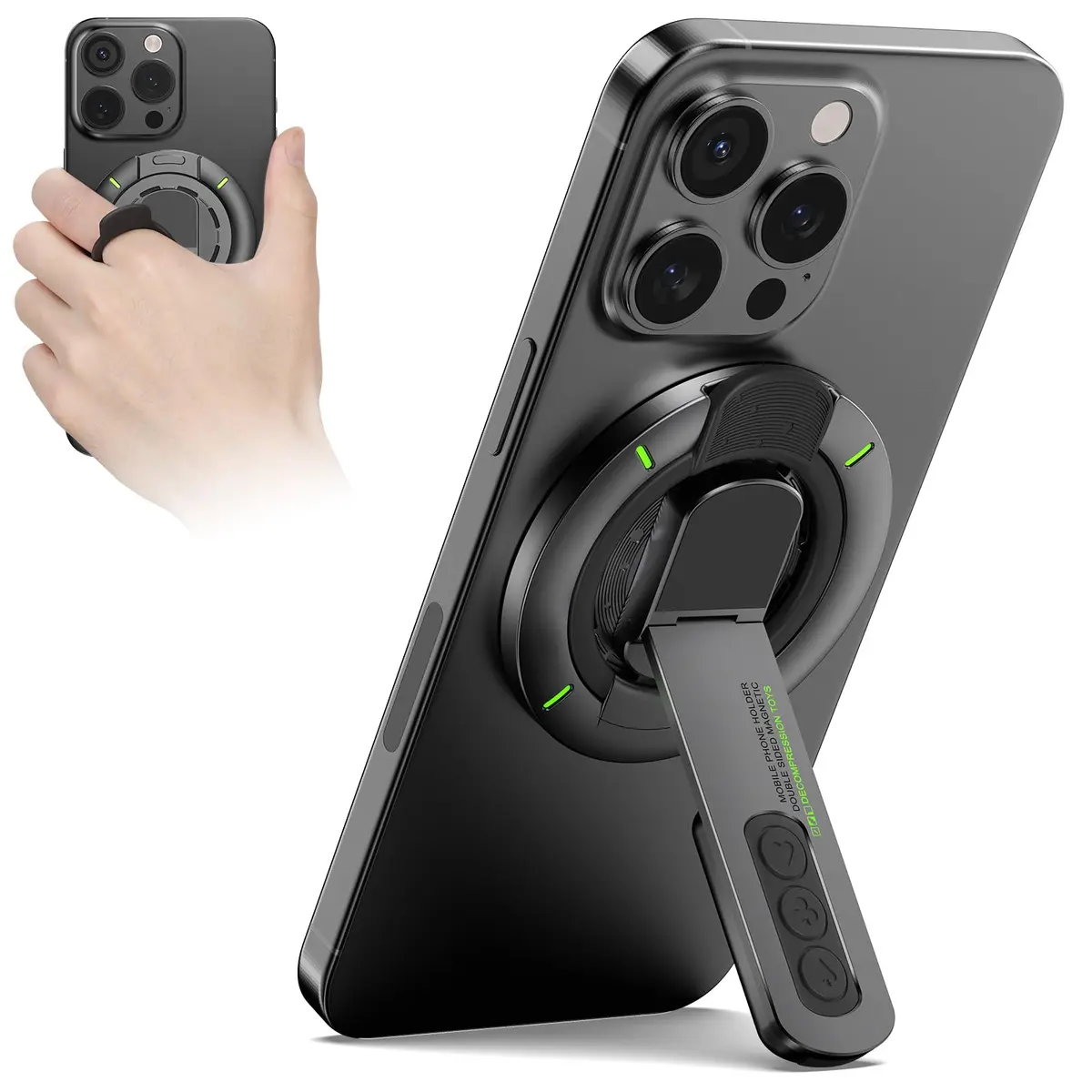 Tobeape Suporte MagSafe 3 em 1 para Celular, Anel Magnético Ajustável,Preto | Com Ímã Dupla Face e Design Anti-Estresse, Compatível com iPhone 17/16/15/14/13/12 e Outros Smartphones