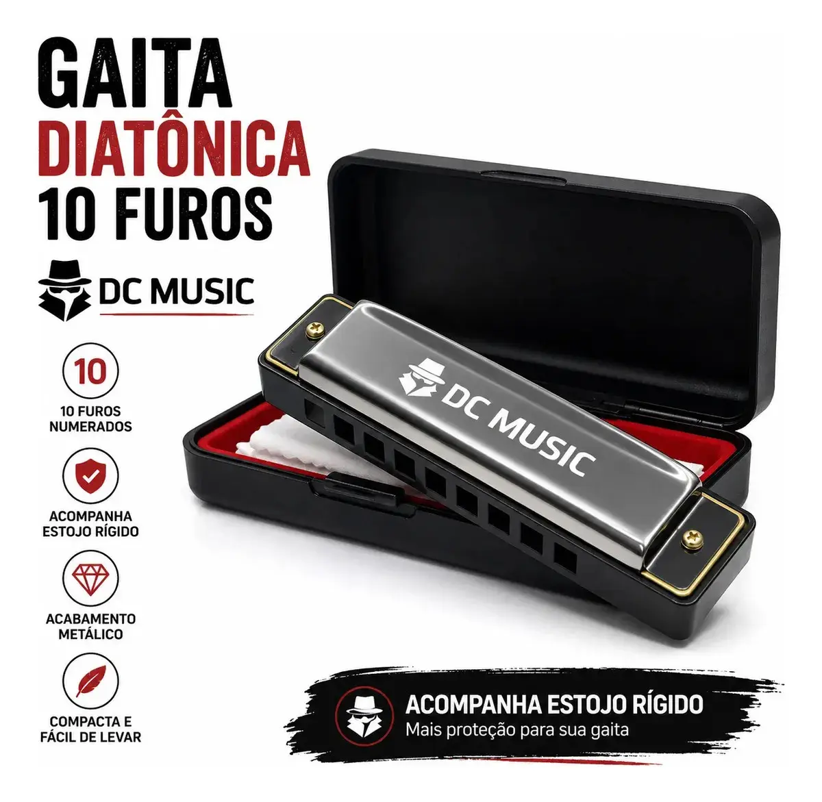 Gaita De Boca Diatônica harmônica Profissional Premium Em Dó C 10 Furos 20 Tons Cromada Para Blues Folk Rock Com Estojo Don Caprini thumbnail 2