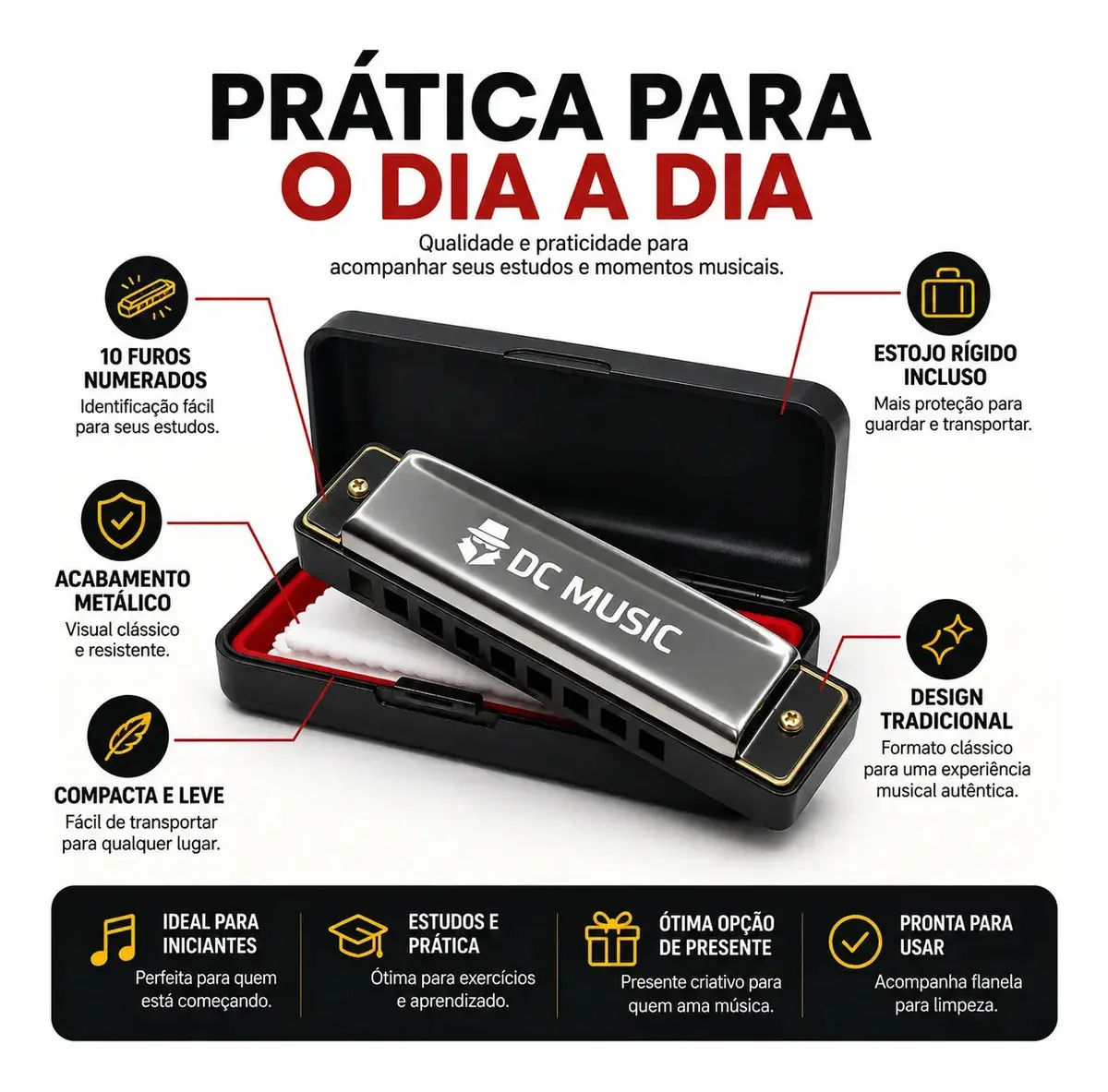 Gaita De Boca Diatônica harmônica Profissional Premium Em Dó C 10 Furos 20 Tons Cromada Para Blues Folk Rock Com Estojo Don Caprini thumbnail 3