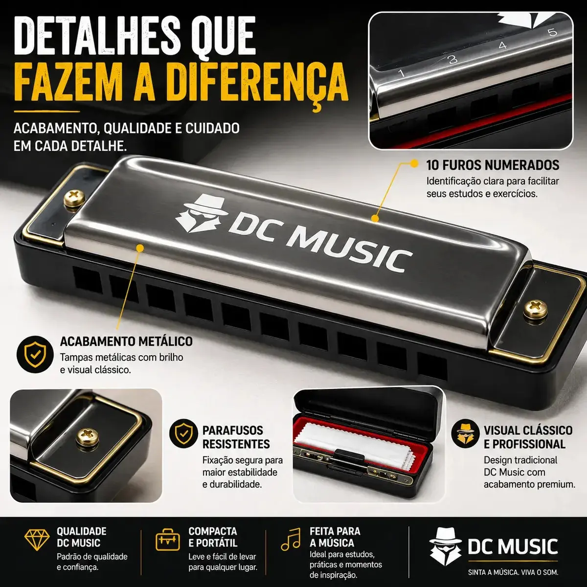 Gaita De Boca Diatônica harmônica Profissional Premium Em Dó C 10 Furos 20 Tons Cromada Para Blues Folk Rock Com Estojo Don Caprini thumbnail 5