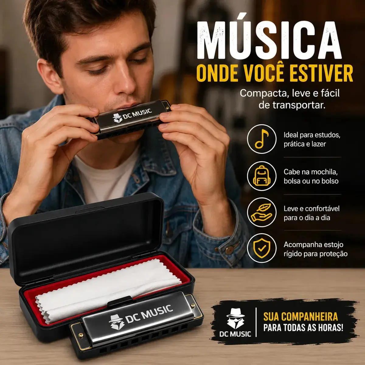 Gaita De Boca Diatônica harmônica Profissional Premium Em Dó C 10 Furos 20 Tons Cromada Para Blues Folk Rock Com Estojo Don Caprini thumbnail 7