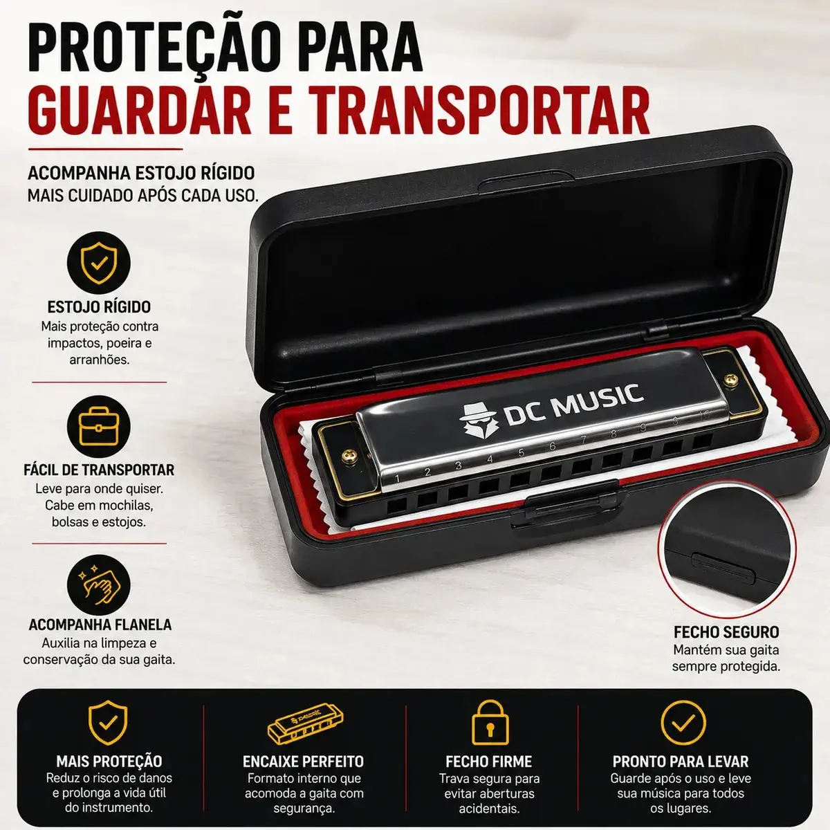 Gaita De Boca Diatônica harmônica Profissional Premium Em Dó C 10 Furos 20 Tons Cromada Para Blues Folk Rock Com Estojo Don Caprini thumbnail 8