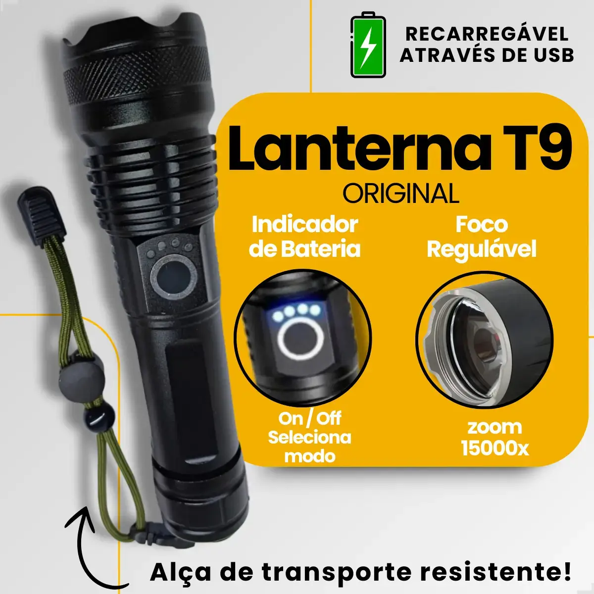 Lanterna Mais Forte Do Mundo Recarregável Tática Potente T9 - Apfer thumbnail 3