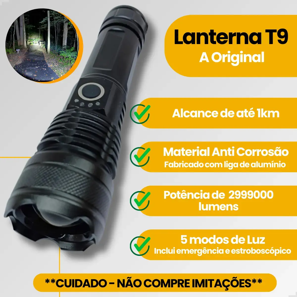 Lanterna Mais Forte Do Mundo Recarregável Tática Potente T9 - Apfer thumbnail 5