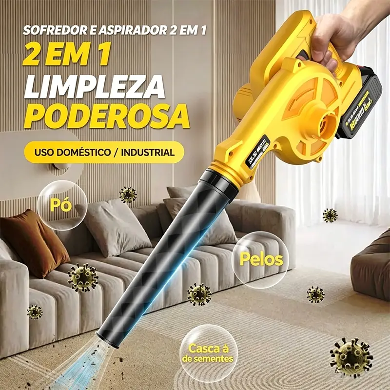 Soprador e Aspirador Elétrico 48V com 2 Baterias para Folhas, Resíduos, Uso Doméstico e Automotivo Profissional