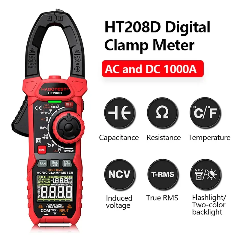 Ht208a/d ac/dc medidor de braçadeira digital multímetro pinza amperimétrica true rms alta precisão capacitância ncv ohm hz tester - 1
