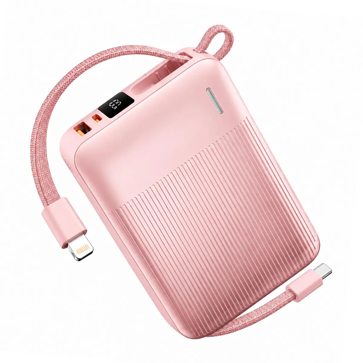 Basike Power Bank 20000mAh, Carregador Portátil 2 Cabos USB-C e Lightning | Carregamento Rápido, USB-C (máx. 22,5 W, PD) + USB-A (máx. 22,5 W QC), Display LED e Proteção Inteligente (Rosa)