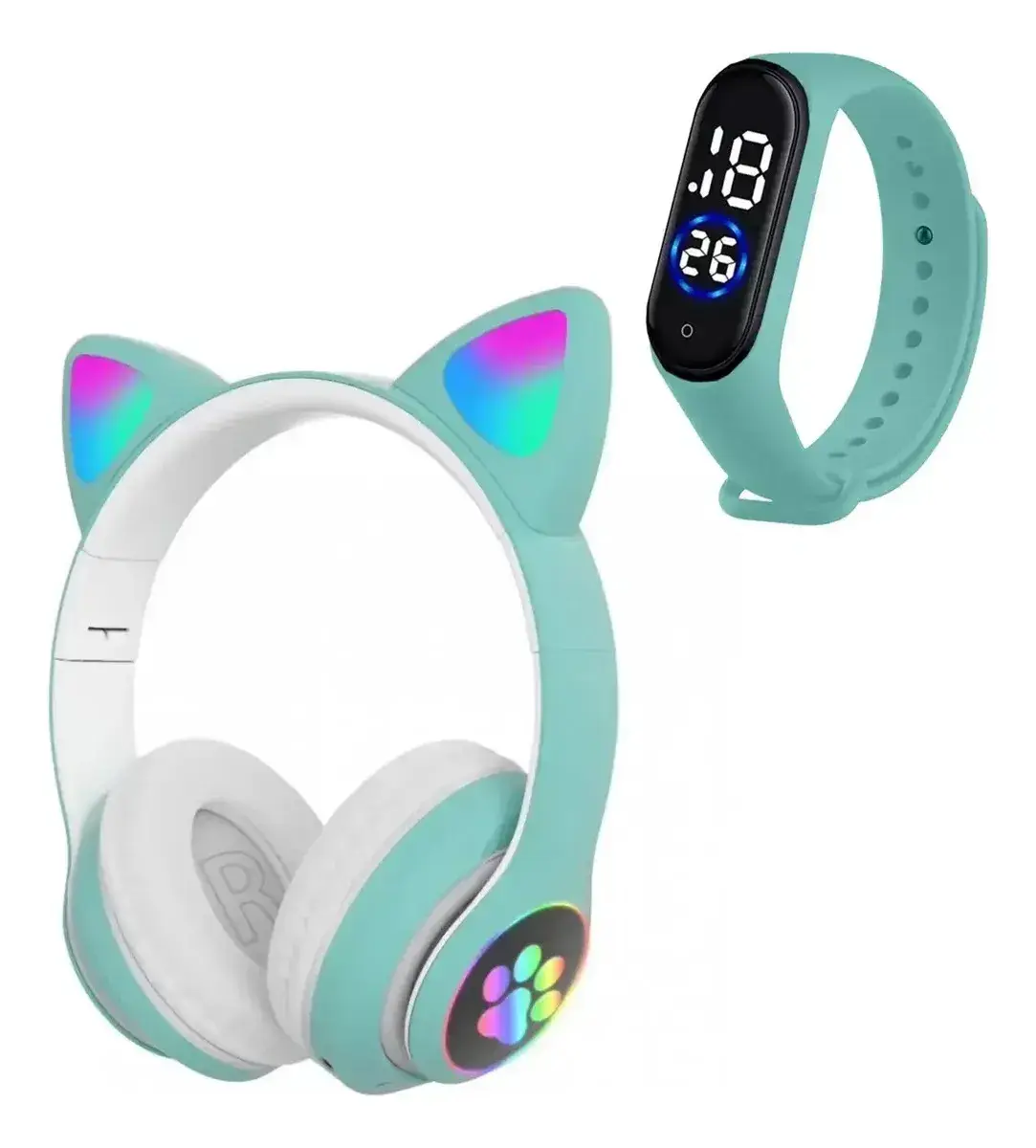 Fone Ouvido Gatinho Bluetooth Adulto Crianças + Relógio Led Fone Gatinho Verde - 1