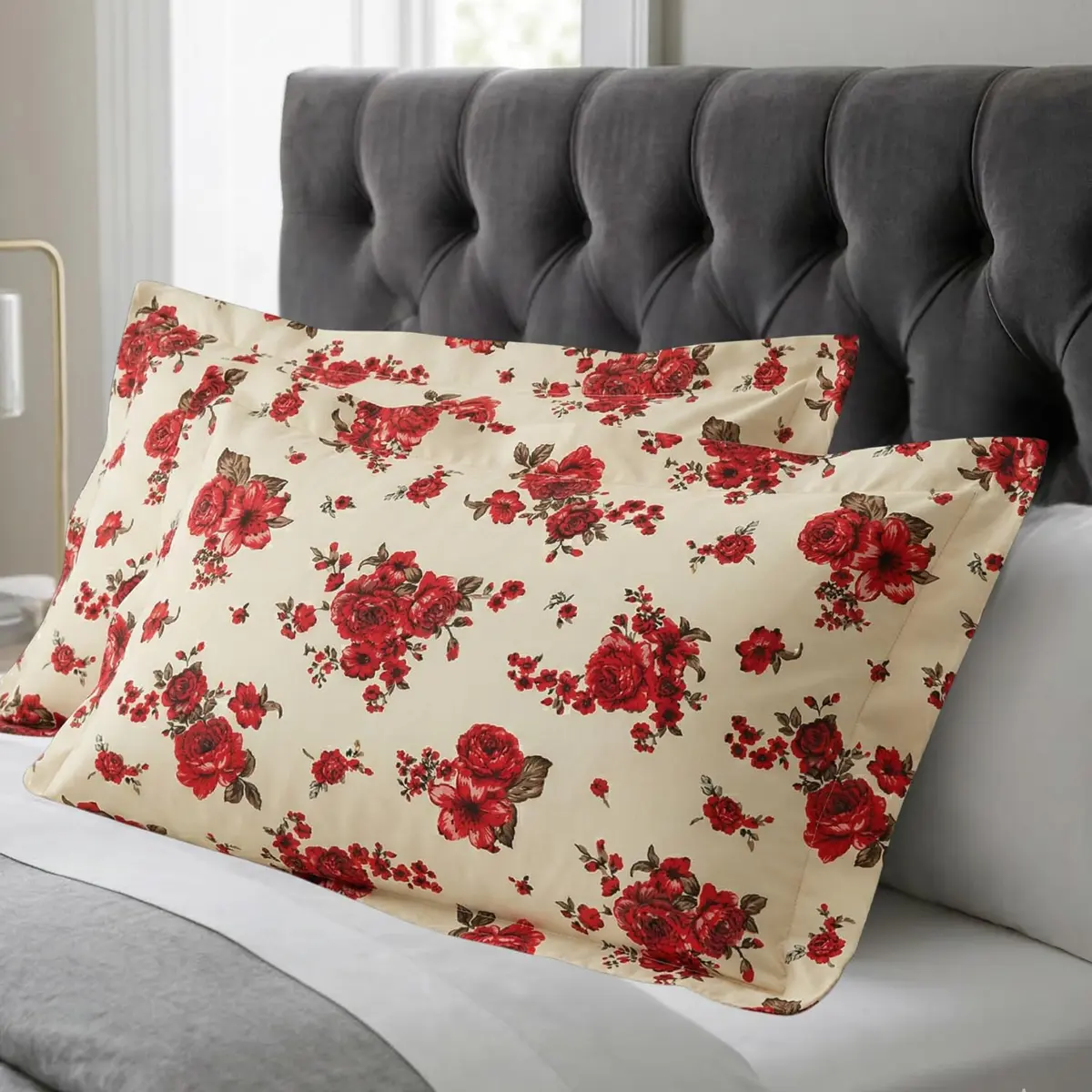 Fronha 300 Fios Algodão 70x50 com Aba 5cm Debrum Macia Soft (2, Florido-Vermelho) - 1