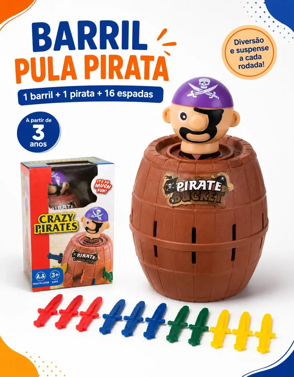 Barril Pula Pirata Jogo Infantil Interativo Educativo Brinquedo Família Crianças Presente Aniversário 16 Espadas Coordenação Motora Diversão 2 a 4 Jogadores