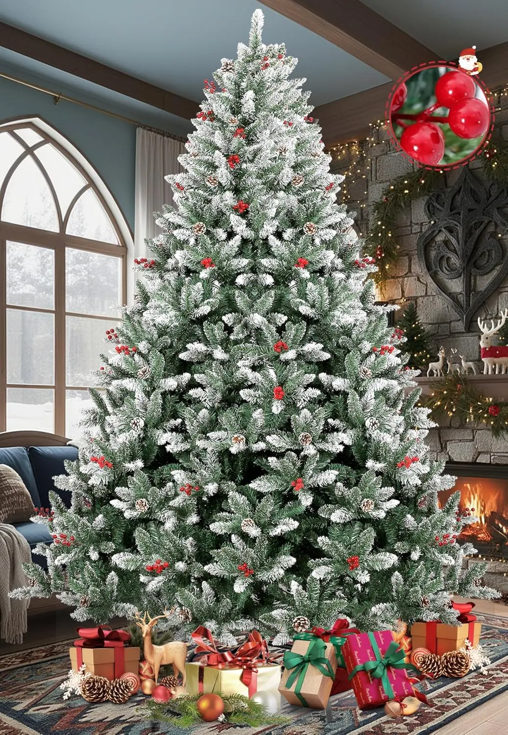 Árvore de Natal 1,8 m, Arvore de Natal 900 Galhos, Arvore de Natal, Realista e Elegante, com Verde, Cerejas e Neve e Pinhas, Adequado para casa, apartamentos e corredores