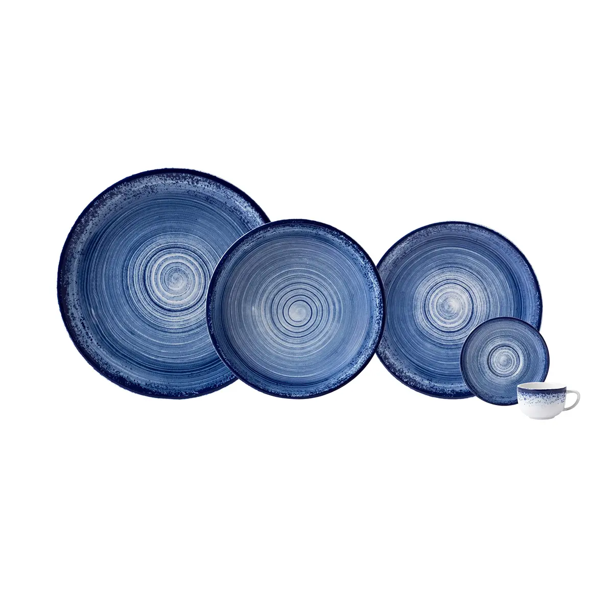 Serviço de Jantar e Café 20 Peças com Bowl Multiuso em Porcelana, Modelo Redondo Oca, Decoração Esfera Azul, Porcelana Schmidt