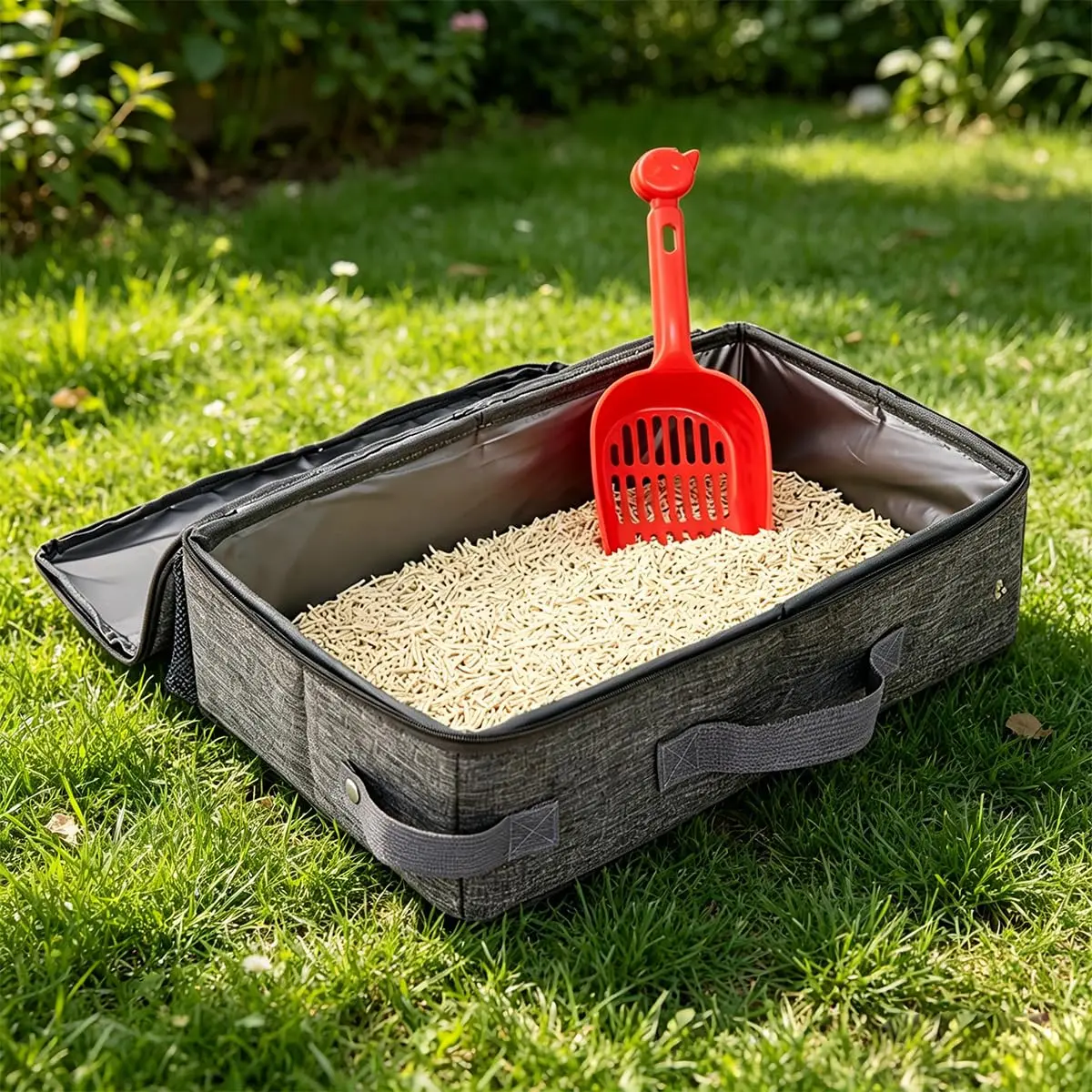 30 * 30cm Caixa de Areia para Gatos Portátil, com Tecido Oxford Catiônico e Membrana Impermeável de PEVA, Areeiro Dobrável com Tampa e Zíper, Ideal para Viagem e Uso Diário, Inclui Pá e Acessórios - 1