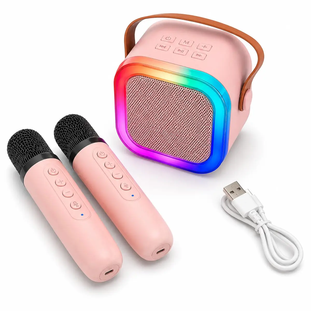 Caixa de Som Karaokê Portátil Bluetooth com 2 Microfones Sem Fio, LED RGB Colorido, 5 Modos de Voz, Alça para Transporte, USB, AUX e TF, Bateria Recarregável (Rosa)